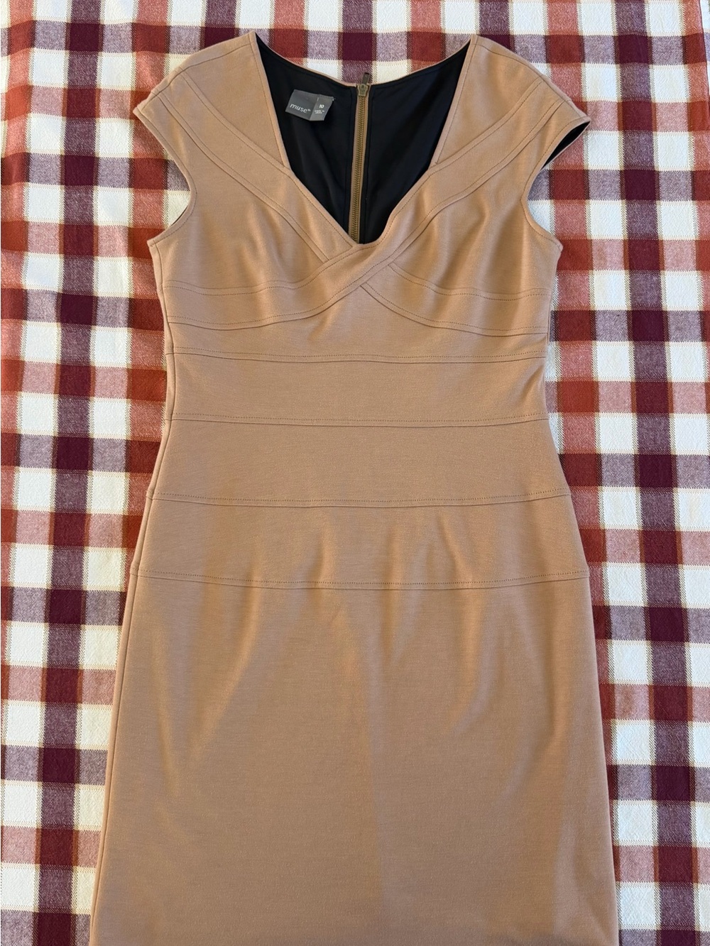 Muse Tan Midi Sheath Dress with V-Neck
